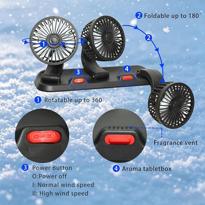 5V USB Car Fan, 3-Head 360° Rotating Dashboard Fan | Ideal for cars with broken AC. 2-Speed Quiet. Multi-Scenario: Sedans, SUVs, Pickups, Office, Camping. USB portable. - Image 8