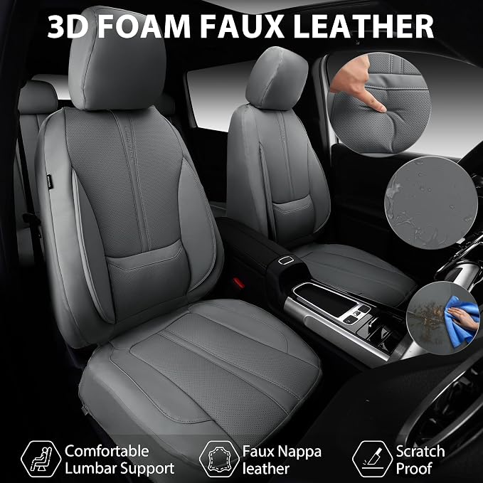 CAR PASS Nappa Leather Seat Covers Full Set, 3D Foam Faux Leather Car Seat Covers with Lumbar Support, Water Resistant Grey Seat Covers Car seat Cover Universal Fit for Cars SUV Truck Vehicles, Gray - Image 2