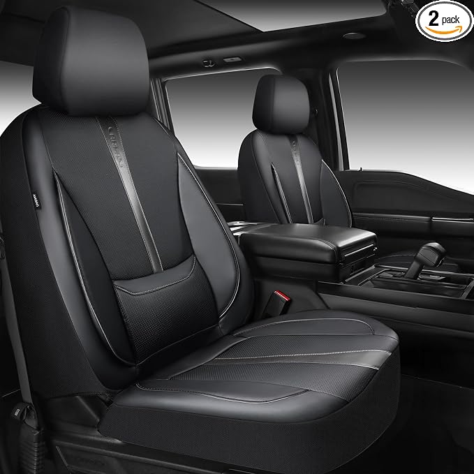 CAR PASS Nappa Leather Seat Covers Front, 3D Foam Support Water Resistant Faux PU Gray Leather Car Seat Covers 2 Pcs, Comfort & Universal Fit for Cars SUV Truck Most Vehicles (Black and Gray) by CARPASS