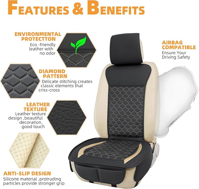 Elantrip Leather Car Seat Covers Front 2PC Black Gold Luxury Waterproof | Black faux leather with gold accents — luxury diamond-quilted interior upgrade - Image 5