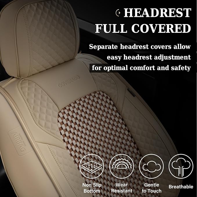 Coverado Seat Covers Full Set, 5 Seats Universal Seat Covers for Cars, Beige Car Seat Covers Front Seats Back Seat Cover, Breathable Car Seat Cushion, Leather Seat Cover Seat Protector Fit Most Cars - Image 6