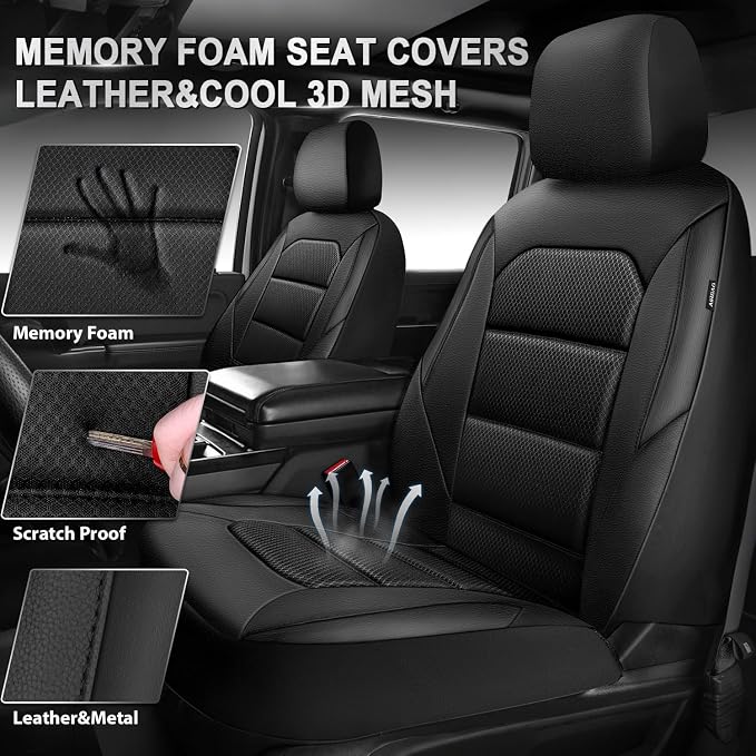 CAR PASS Memory Foam Car Seat Covers,Air Cool Mesh Thick Seat Covers Front Seats,Black Metal Film Leather Seat Cover for Car,Universal Automotive Comfort for Most Car,Truck,Airbag Compatible,All Black - Image 3