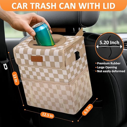 Vankor Car Trash Can with Lid Leak Proof Car Accessories for Women | 3 Gallon Cute Hanging Car Trash Bin for Men Car Truck Vehicle Interior Automotive Garbage Cans, Khaki Checkered - Image 2