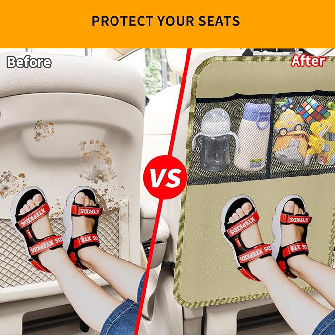 2 Pack Kick Mat Backseat Protector,Back Seat Cover for Kids,Car Seat Back Protectors with 2 Pocket Storage Organizer for Car, SUV, Minivan or Truck Seats (Beige) - Image 5