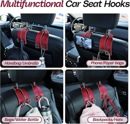Car Headrest Hooks Universal Car Purse Hook Premium Leather and Alloy Twin Hook Car Seat Back Storage Hanger Hook for Purse Bags Cloth Drink Durable Holder Car Accessories (BH09-Red-Black) - Image 4