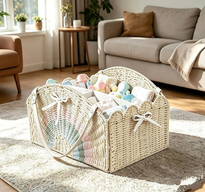 Large Baby Diaper Caddy, Paper Rope Storage Baskets Nursery Bin with Removable Divider, Portable Car Organizer for Diapers, Baby Shower Gifts, Newborn Essentials Must Haves (Light beige) - Image 2