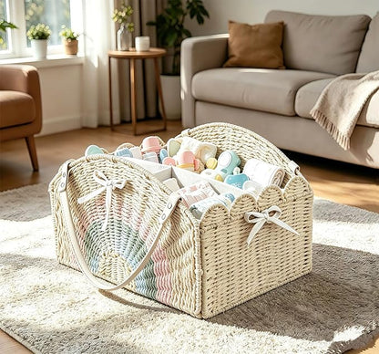 Large Baby Diaper Caddy, Paper Rope Storage Baskets Nursery Bin with Removable Divider, Portable Car Organizer for Diapers, Baby Shower Gifts, Newborn Essentials Must Haves (Light beige) - Image 2
