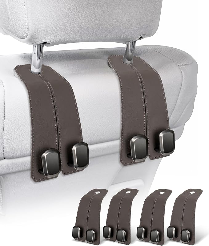 Car Hooks for Purses, 4PCS Car Purse Holder Hook Luxurious Leather 100% Metal Car Hooks for Headrest Multifunctional Car Hangers for Seat Car Seat Back Storage Hook Accessories (Brown) by VETERBONE