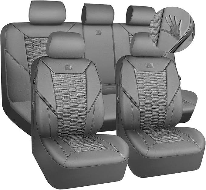 CAR PASS 3D Foam Faux Leather Car Seat Covers Full Set, Grey Breathable PU Leather Seat Covers for Cars, Luxury Universal Fit for SUVs Vans Sedan Truck Automotive, Armrest Airbag Compatible, All Gray by CARPASS