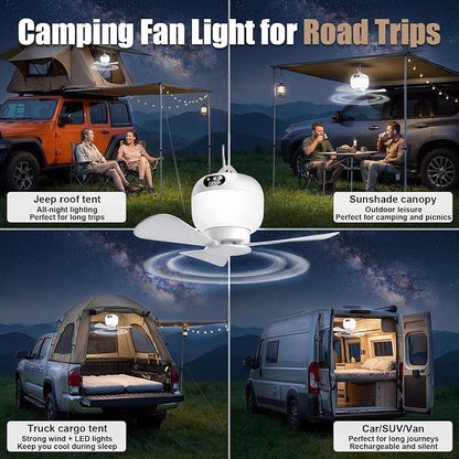 Camping Fan with Light & Remote, Portable Ceiling Fan Wireless Rechargeable Tent Fan with 4 Speeds,3 Light Modes,Timer, Battery Powered Fan for Tents, Canopy, Beach, RV, Car, Camper & Outdoor - Image 9