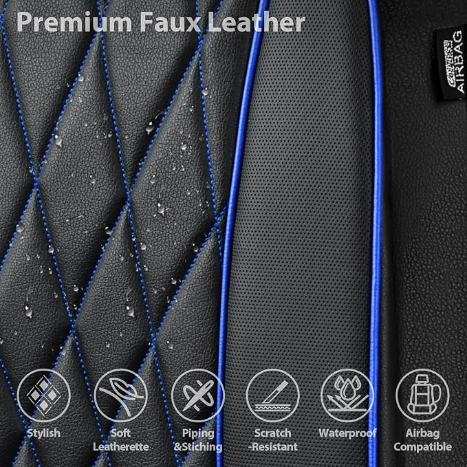 CAR PASS Piping Luxury PU Leather Two Front Car Seat Covers,Waterproof Anti- Slip Seat Covers Compatible with Front Seat Armrests,Universal Fit for Suvs,Vans,Trucks,Airbag Compatible(Black and Blue) - Image 4
