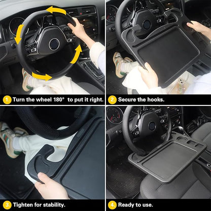4 in 1 Car Steering Wheel Tray with Dual Sauce Dip Holder and Tablet Holder,Car Table Food Trays for Eating,Driver Desk Fit Most Auto Vehicle Steering Wheels (Black, Large) - Image 6