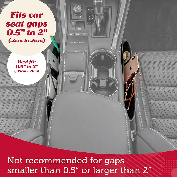 Lusso Gear Car Seat Gap Organizer - Pack of 2 - Prevents Items Falling & Seat Gap Filler - Universal Fit 0.5"-2" Slots & Automotive Use - Easy Clean Design for Auto Accessories - Gray Faux Leather - Image 4