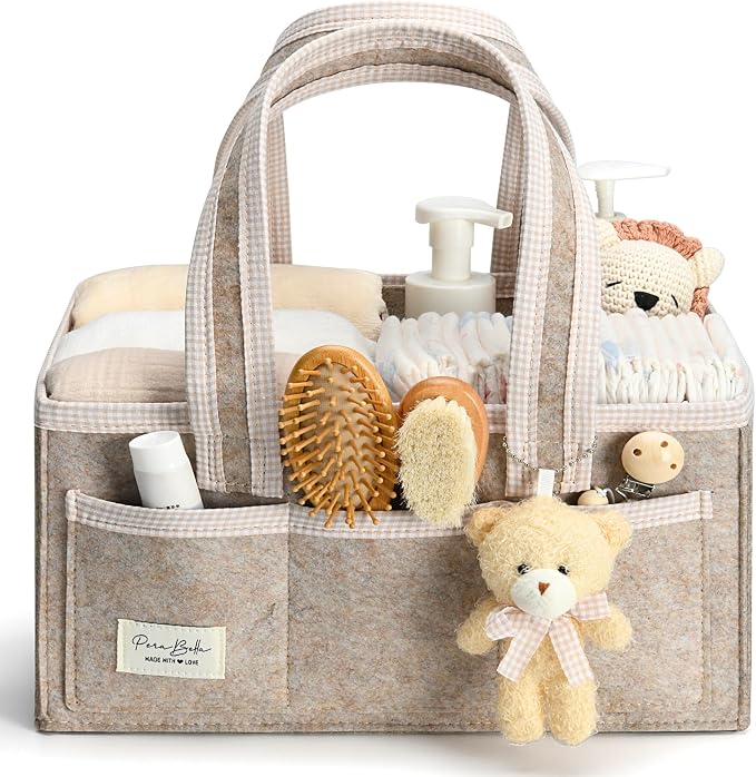 PeraBella Baby Diaper Caddy Organizer, Baby Basket Shower Gift Caddy, Portable Felt Changing Table Basket, Nursery Storage Bin, Newborn Boy and Girl Essentials for Registry, Car Diaper Organizer by PeraBella