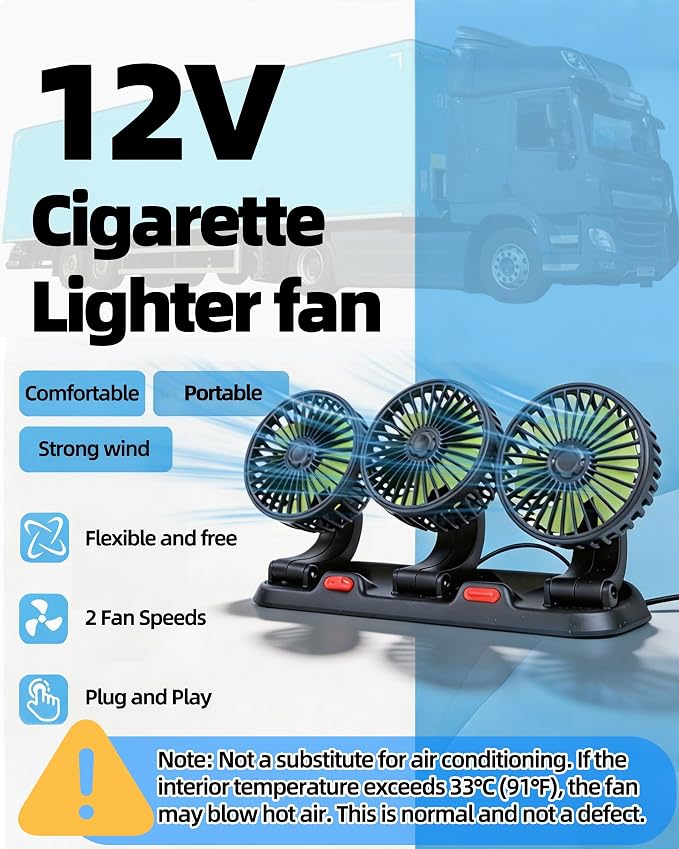 aletbo Car Fan, 12V Fan Triple Head, Powerful Airflow, 360° Adjustable, 2-Settings, Dashboard Fan Suitable for Truck, RV, Semi, Camper Trailer - Image 4