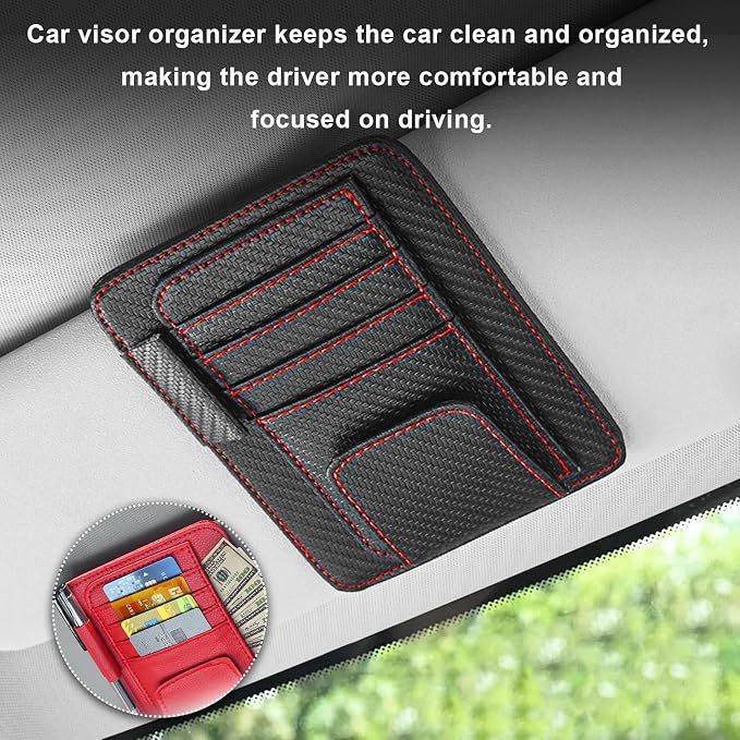 Dickno Small Leather Car Sun Visor Organizer, Multifunctional Auto Visor Document Holder with Sunglasses Clip, Universal Car Interior Organizer for Driving License, Card, Pen (Black&Red) - Image 4