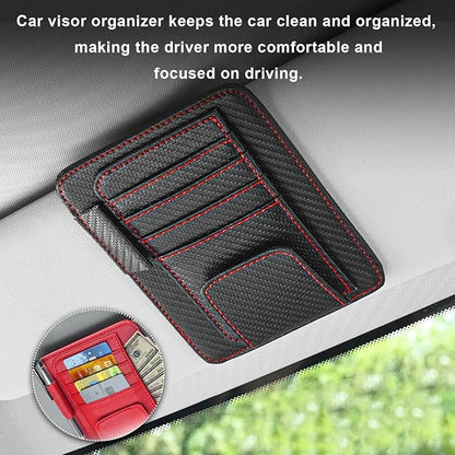 Dickno Small Leather Car Sun Visor Organizer, Multifunctional Auto Visor Document Holder with Sunglasses Clip, Universal Car Interior Organizer for Driving License, Card, Pen (Black&Red) - Image 4