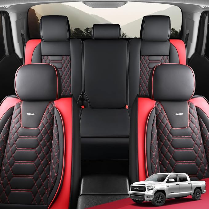 FREESOO Custom Leather for Toyota Tundra Seat Covers 2014-2021 Crewmax Cab | Custom Fit, Full Set, 60/40 Split Bench, Waterproof Faux Leather, for Truck Toyota Tundra Accessories, BlackRed - Image 8
