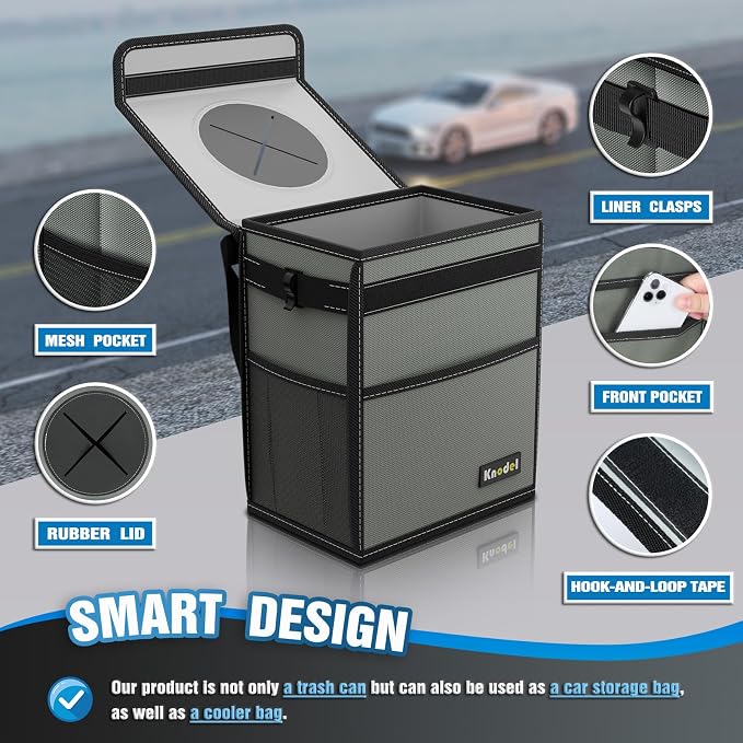 K KNODEL Car Trash Can with Lid, Car Garbage, Bin and Bag (Large, Gray) | Waterproof Car Garbage Can with Liner, Hanging Trash Bag for Car, Suv, Van, Truck - Image 3