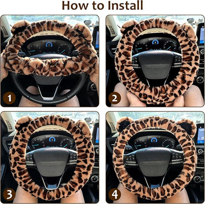 Accmor Fluffy Car Steering Wheel Cover, Leopard Fuzzy Vehicle Wheel Cover for Women Non-Slip Furry Warm Steering Wheel Protector with Cute Ears, Car Accessories 15 inch Universal Fit Auto, Suvs, Truck - Image 6