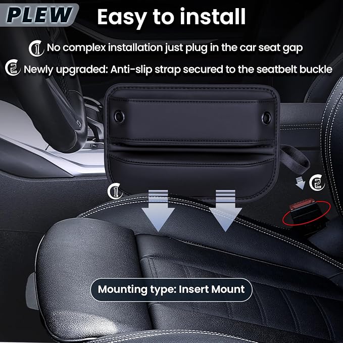 2-Pack Car Seat Gap Filler Organizer - Upgraded Anti-Slip Strap Design - Premium Leather Side Console Pocket - Prevent Phone Falling - (0.2”-1.2" Gaps),Clever Gifts For SUV, Truck & Sedan, Black - Image 3