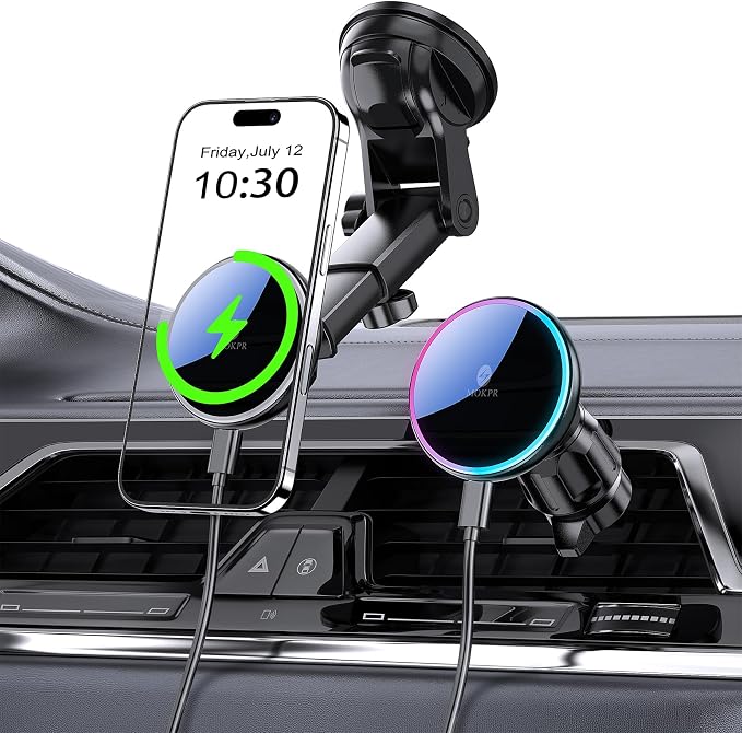 for Mag-Safe Car Mount Charger Dash Windshield Vent Magnetic Phone Holder | Wireless Car Charger with LED Light Car Phone Holder for iPhone 17 16 15 14 13 12 Series for MagSafe by MOKPR