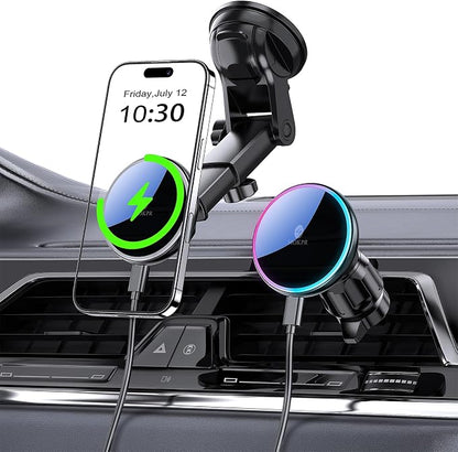 for Mag-Safe Car Mount Charger Dash Windshield Vent Magnetic Phone Holder | Wireless Car Charger with LED Light Car Phone Holder for iPhone 17 16 15 14 13 12 Series for MagSafe by MOKPR