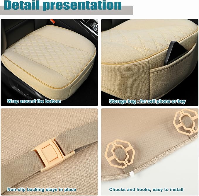 West Llama Linen Front Car Seat Cover Protector Anti-Slip Bottom Seat Cover Fits 95% of Vehicles,Wrapping Around The Bottom,Diamond Pattern(Beige-1Pcs) - Image 4