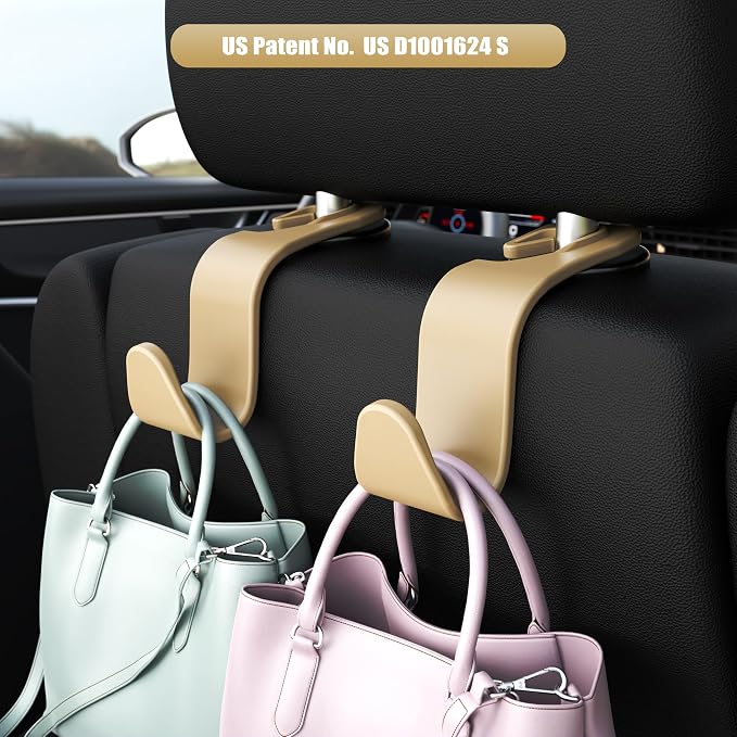 Amooca Car Seat Headrest Hooks 4-Pack Storage Organizer Holds 55 lbs | Universal Fit Most Car/SUV/Truck, Anti-drop, Hanger for Backpack Umbrella Water Bottle Coat Purses Handbags Groceries, Beige - Image 2