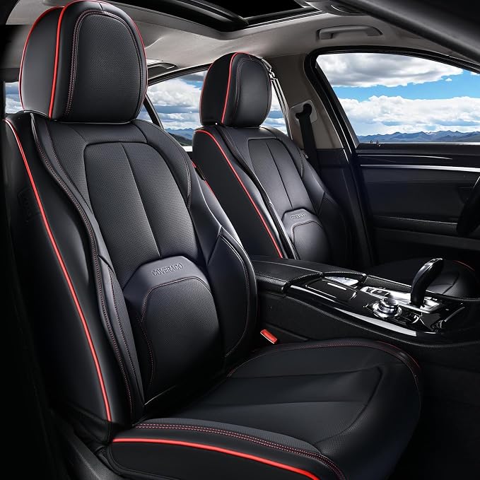 Coverado Car Seat Covers Front Seats, Waterproof Leather Seat Covers for Cars, Luxury Car Seat Covers with Lumbar Support, Car Seat Protector Driver Seat Covers Universal Fit Most Cars (Black&Red) by COVERADOAUTO