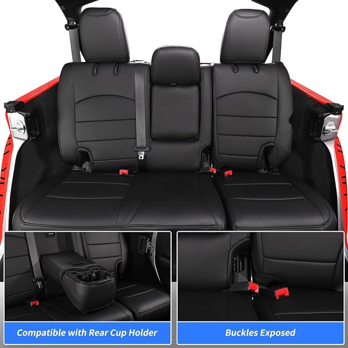Full Set Seat Covers for 2018-2023 Jeep Wrangler 4drs,Rear w/Armrest(Black) | 1:1 Custom Fit,Factory Look,Easy Installation,Airbag Compatible,Waterproof Faux Leather & Easy to Clean,Pet Friendly - Image 4
