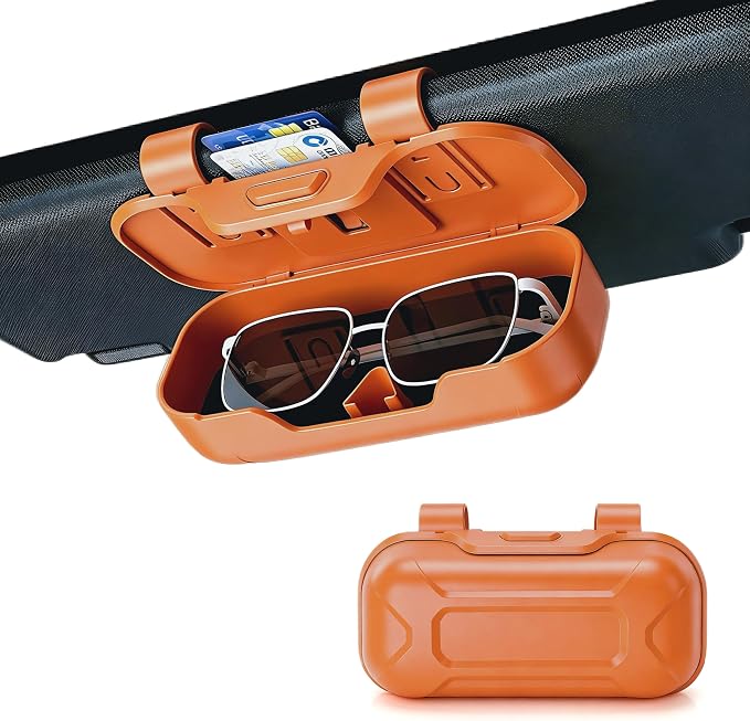 Car Sun Visor Sunglasses Holder,Orange ABS Eyeglasses Case | Card Storage,Soft Flocked Interior,Anti-Rattle Triangle Slot,Double Clips,Push Button Access,Scratch Protection,Universal Fit by Unknown