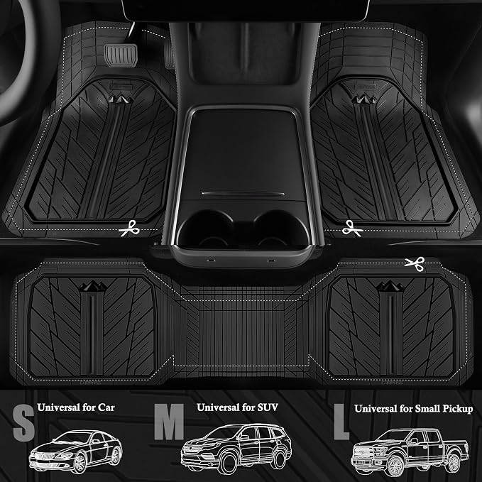 CAR PASS Floor Mats for Cars M-L Size, Heavy Duty Rubber Floor Mats with Trunk Cargo Liner, Universal Trim-to Fit Automotive Floor mats for Truck Van SUV Waterproof All Weather Car Mats Solid Black - Image 2