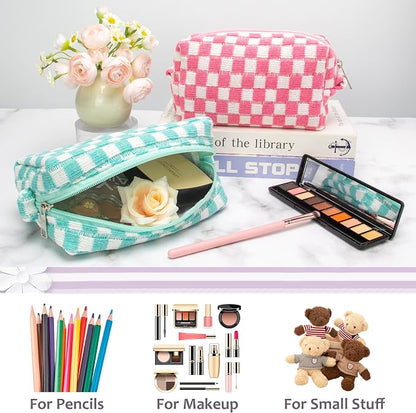 Checkered Makeup Bag for Purse, Small Travel Cosmetic Pouch,Arctic Blue | Cute Zipper Makeup Organizer for Women, Travel Essentials, Toiletries, Makeup Brushes, Beauty Accessories&Bridesmaid Gifts - Image 4
