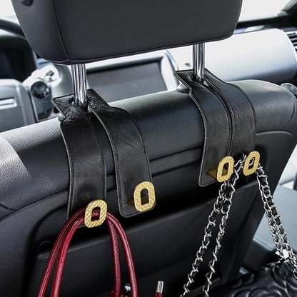 Car Headrest Hooks Universal Car Purse Hook Premium Leather and Alloy Twin Hook Car Seat Back Storage Hanger Hook for Purse Bags Cloth Drink Durable Holder Car Accessories (BH09-Black-Gold) - Image 3