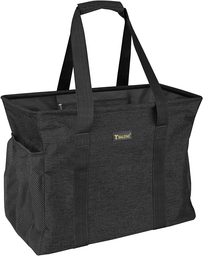 BALEINE Extra Large Utility Tote Bag with Reinforced Wire Frame, Reusable Grocery Bag for Shopping, Picnic (Black, 16.5''x14''x10'') by BALEINE