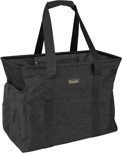 BALEINE Extra Large Utility Tote Bag with Reinforced Wire Frame, Reusable Grocery Bag for Shopping, Picnic (Black, 16.5''x14''x10'') by BALEINE