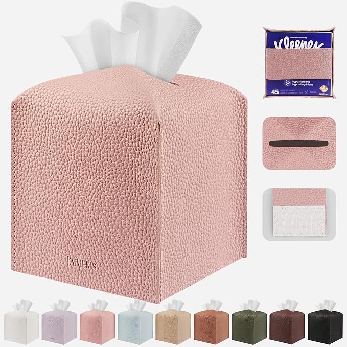 Tissue Box Cover Holder Square Tissue Cube Cover PU Leather Tissue Organizer with Bottom Belt for Bathroom, Tabletop, Car, Night Stands, Office, Home, Kitchen (1, PrettyPink) by DecorateYourHome