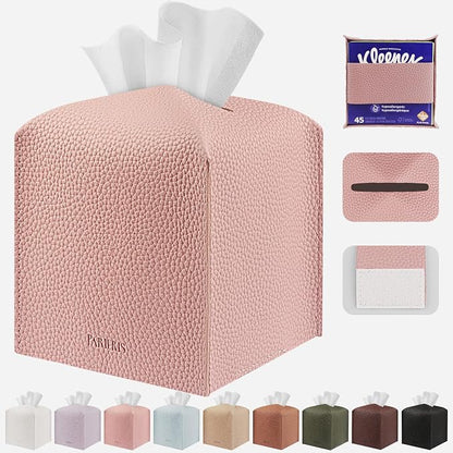 Tissue Box Cover Holder Square Tissue Cube Cover PU Leather Tissue Organizer with Bottom Belt for Bathroom, Tabletop, Car, Night Stands, Office, Home, Kitchen (1, PrettyPink) by DecorateYourHome