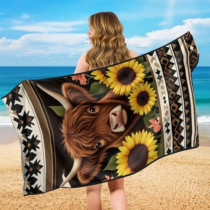 Aztec Highland Cow Car Seat Cover Highland Cow Sunflower Seat Towel Cover with Storage Bag Aztec Tribal Car Interior Accessories Sweat Auto Front Seat Towel Covers for Yoga Mat Universal Fit - Image 5