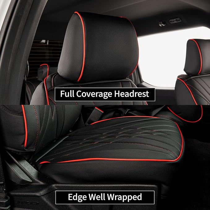 EKR F150 Seat Covers Custom Fit for (SuperCrew) 2015 2016 2017 2018 2019 2020 Ford F-150 Raptor,(4 Door,2nd Row W/Armrest) Full Set-Faux Leather (Black with Red Trim) - Image 2
