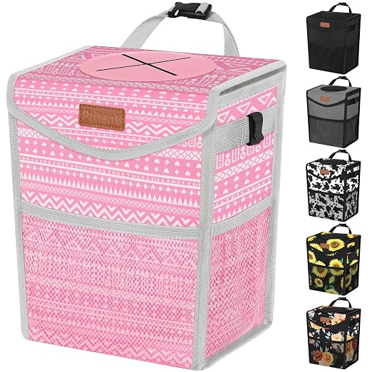 Pritent Car Trash Can with Lid Leakproof Car Garbage Bag Vehicle Trash Bin | Hanging Automotive Garbage Can,Multipurpose Car Accessories for Women Men Interior Car Storage Organizer(2 Gal,Pink Print) by Pritent