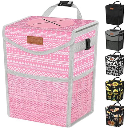 Pritent Car Trash Can with Lid Leakproof Car Garbage Bag Vehicle Trash Bin | Hanging Automotive Garbage Can,Multipurpose Car Accessories for Women Men Interior Car Storage Organizer(2 Gal,Pink Print) by Pritent