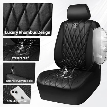 CAR PASS Piping Luxury Faux PU Leather Two Front Car Seat Covers, Waterproof Anti Slip Seat Covers Compatible with Front Seat Armrests,Universal Fit for Suvs,Vans,Trucks, Airbag Compatible(All Black) - Image 2