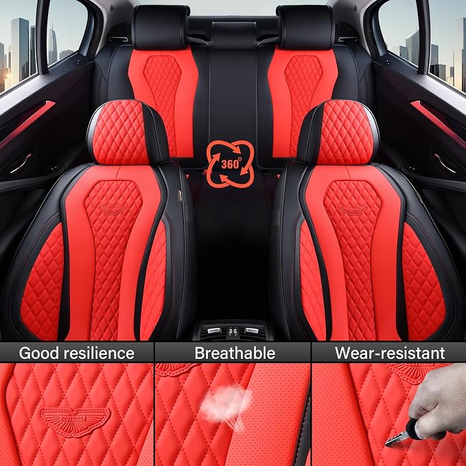 Coverado Car Seat Covers, Seat Covers Full Set, Red Car Seat Cover, Auto Seat Covers Front Seats Rear Seat Cover, Luxury Car Seat Cushion,Leather Seat Cover Seat Protector Universal Fit Most Cars - Image 5