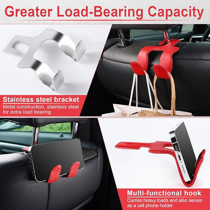 LivTee Upgraded Superior Leather Car Seat Back Headrest Hook, 2 in 1 Auto Seat Hook Hangers Holder Organization Interior Accessories for Purses Coats Umbrellas Grocery Bags Handbag (Red) - Image 4