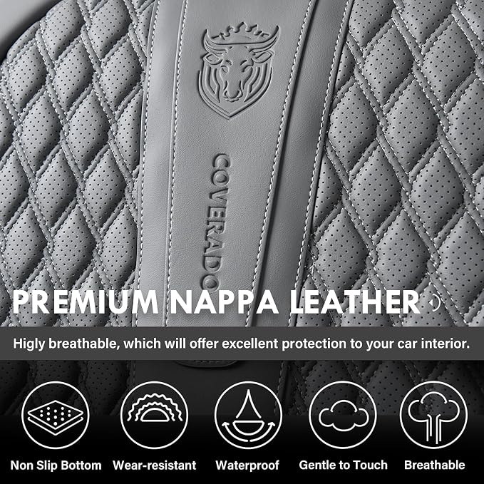 Coverado Car Seat Covers Full Set, Nappa Leather Seat Covers for Car, Waterproof Car Seat Protector with Lumbar Support, Automotive Seat Covers Universal Fit for Most Cars SUV Trucks (Gray) - Image 6