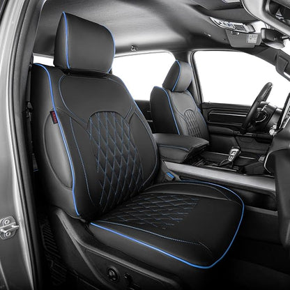 EKR Ram 1500 Seat Covers Custom Fit for (Crew Cab) RAM 1500 Laramie/Limited/Longhorn/Rebel 2019-2026 &Big Horn 2026,Waterproof Car Seat Cover for Trucks Full Set-Faux Leather(Black with Blue Piping) by EKR