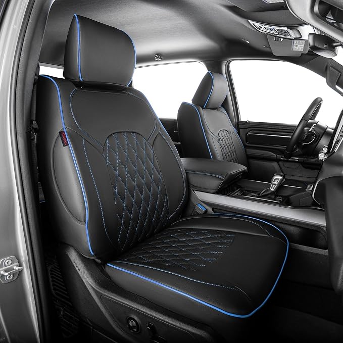 EKR Ram 1500 Seat Covers Custom Fit for RAM 1500 (Crew Cab) Laramie/Sport/Rebel 2011-2018,Waterproof Leather Black Car Seat Cover for Trucks Full Set-Faux Leather (Black with Blue Piping) by EKR