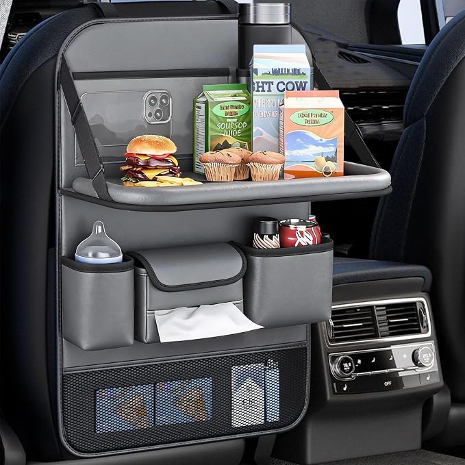 2 Pack Leather Car Backseat Organizer with Foldable Table Tray, Universal Car Seat Back Protector Kick Mat with Touchscreen Tablet Holder, Storage Pockets, Cup Holders & Tissue Holder, Black - Image 3